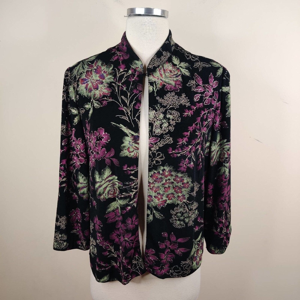 Alex Evenings Jacket Floral Glitter Party Cocktail 3/4 Sleeve